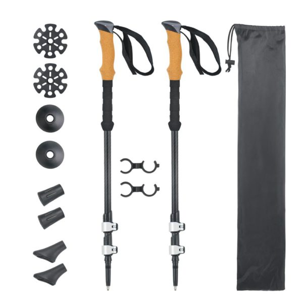 Wholesale foldable telescopic nordic hiking canes and cork handle walking stick trekking trail poles aluminium